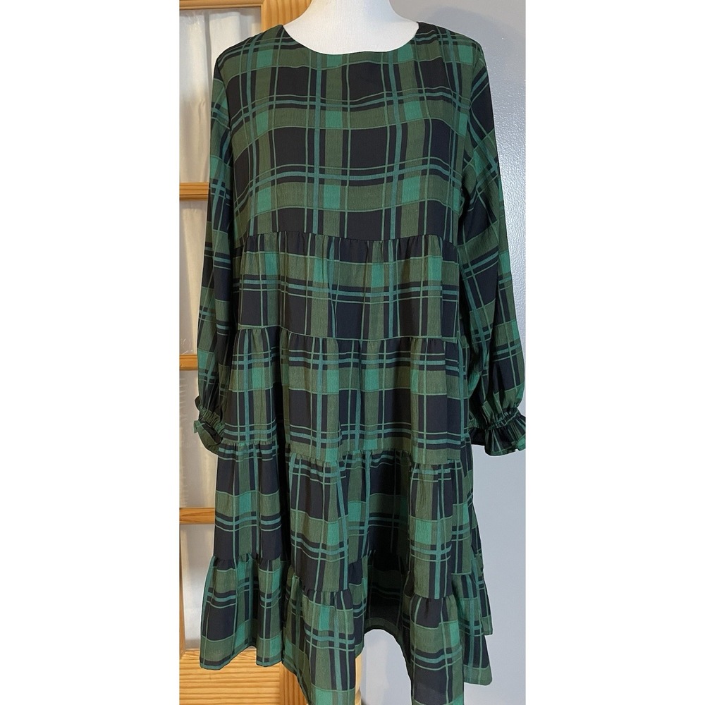 Foteisy Tiered Plaid Mini Dress XL Green Black Long Sleeve Peasant Preppy Modern